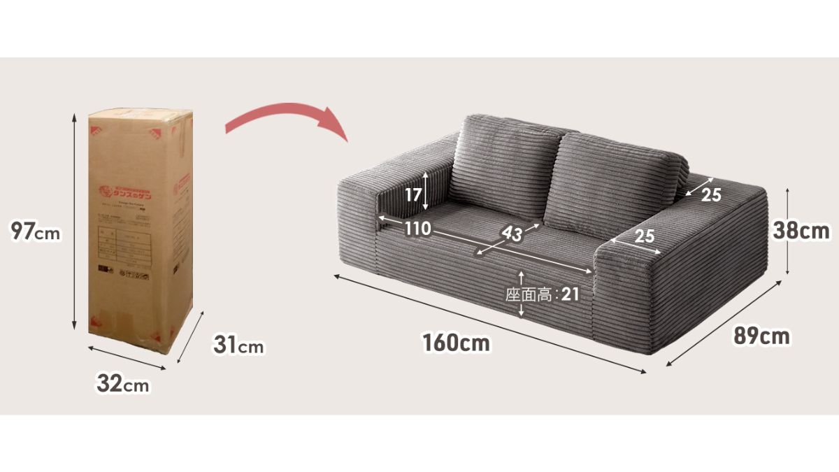 タンスのゲン、大型ソファが宅配便で届く「圧縮梱包ソファ」に新ライン